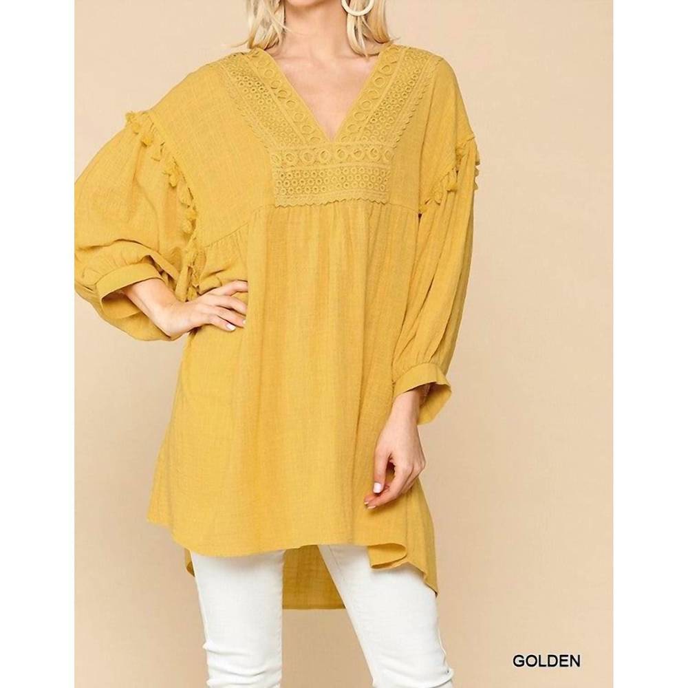 NEW GIGIO crochet v-neck swing hi-lo hem top in golden